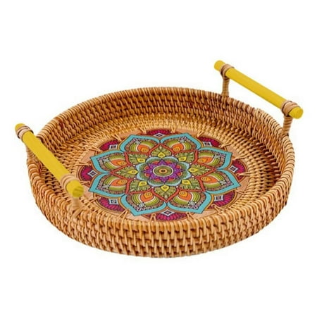 

Promotions! Handwoven Rattan Storage Tray With Wooden Handle Round Wicker Basket Food Bread Plate Fruit Cake Platter Dinner Serving Tray