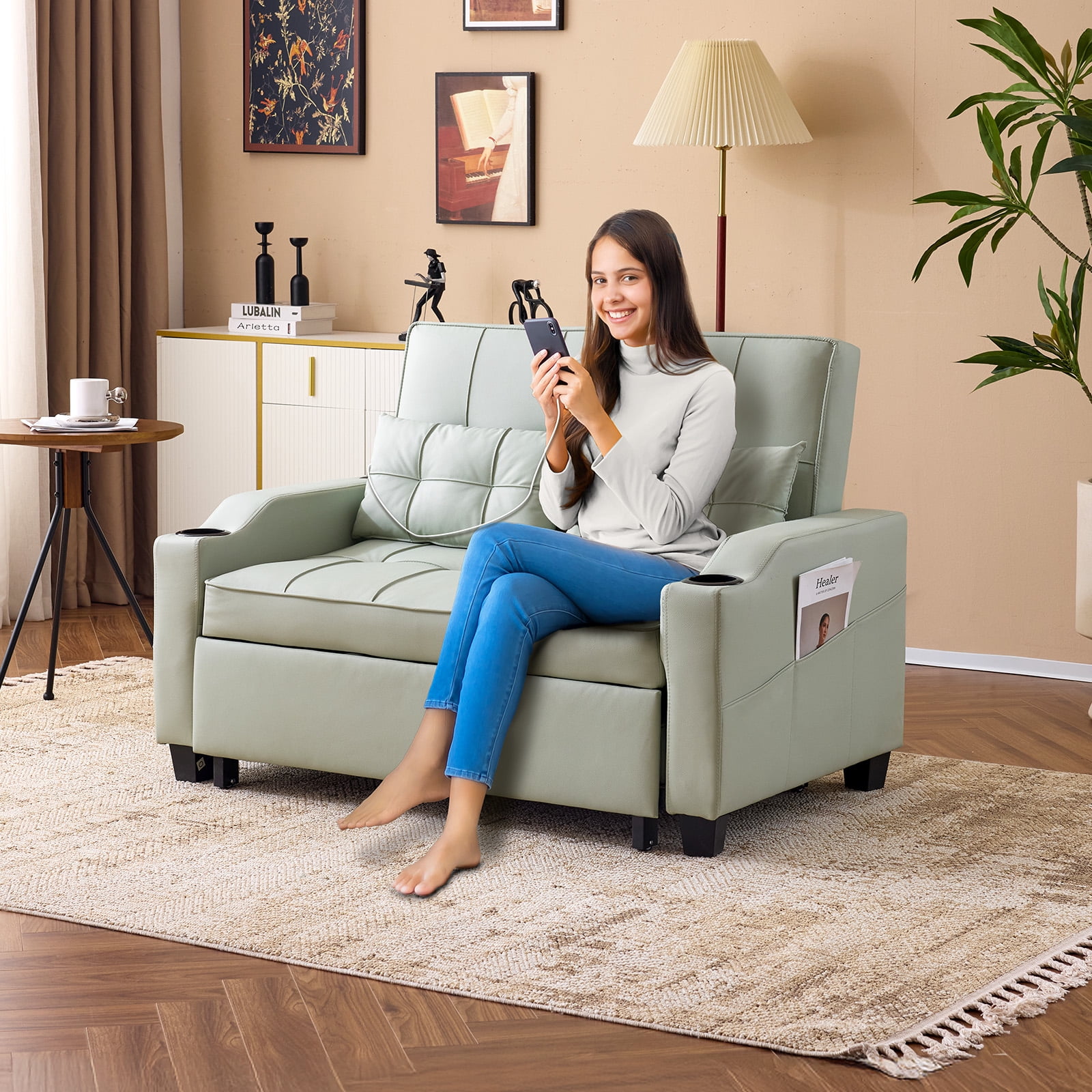Ktaxon Faux Leather Loveseat Sofa Bed with Side Pockets, Adjustable Backrest Lounge for Living Room, Game Room Green