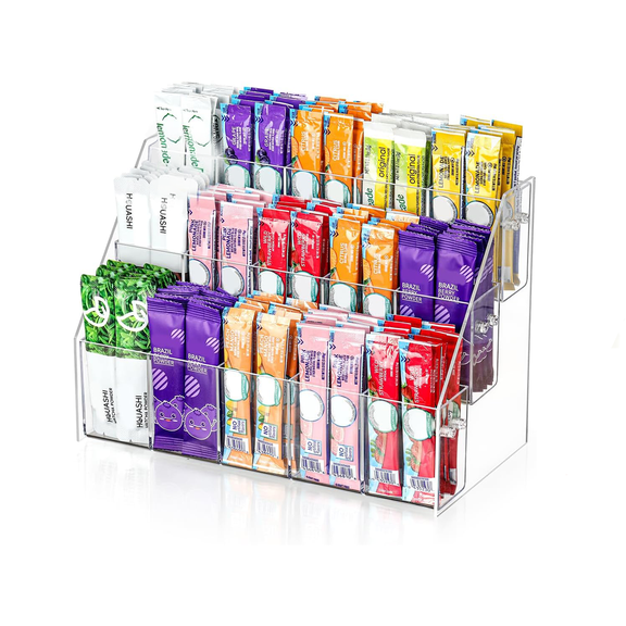 Drink Packet Organizer, 15-Compartment Tea Bag Organizer, Space-Saver Easy Assemble, Drink Mix & Flavor Packet holder, Kitchen/Office/Fridge/Cabinet
