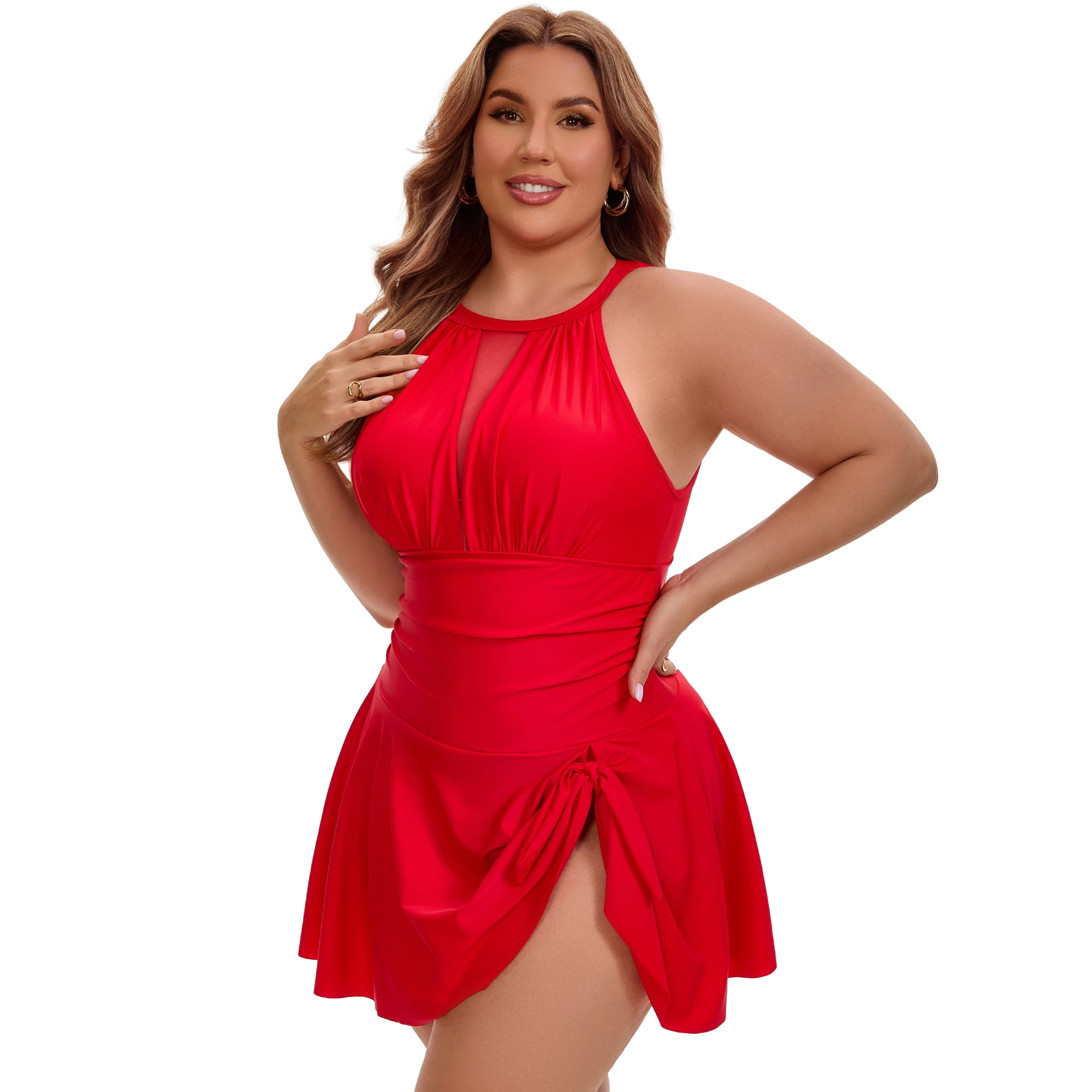 DARING DIVA Women's Plus 1 Piece Halter Mesh Sheer Tie Swimwear L Red