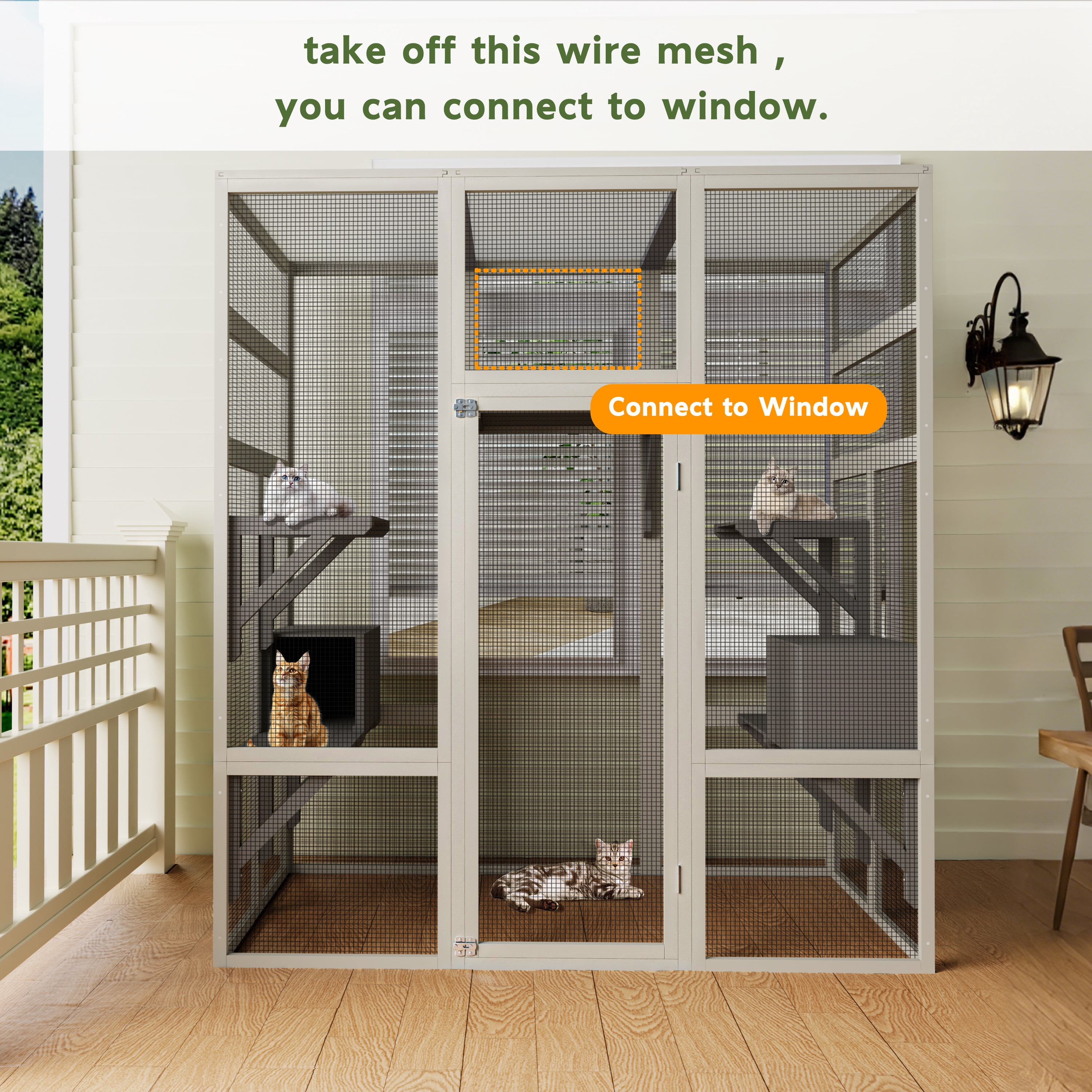 Catio Outdoor Cat Enclosure, large Indoor Wooden 70" Cat House cage with Waterproof Roof & Window Door for Multiple Cats, 2 Napping Houses & 5-Tier Playing Platforms, Gray