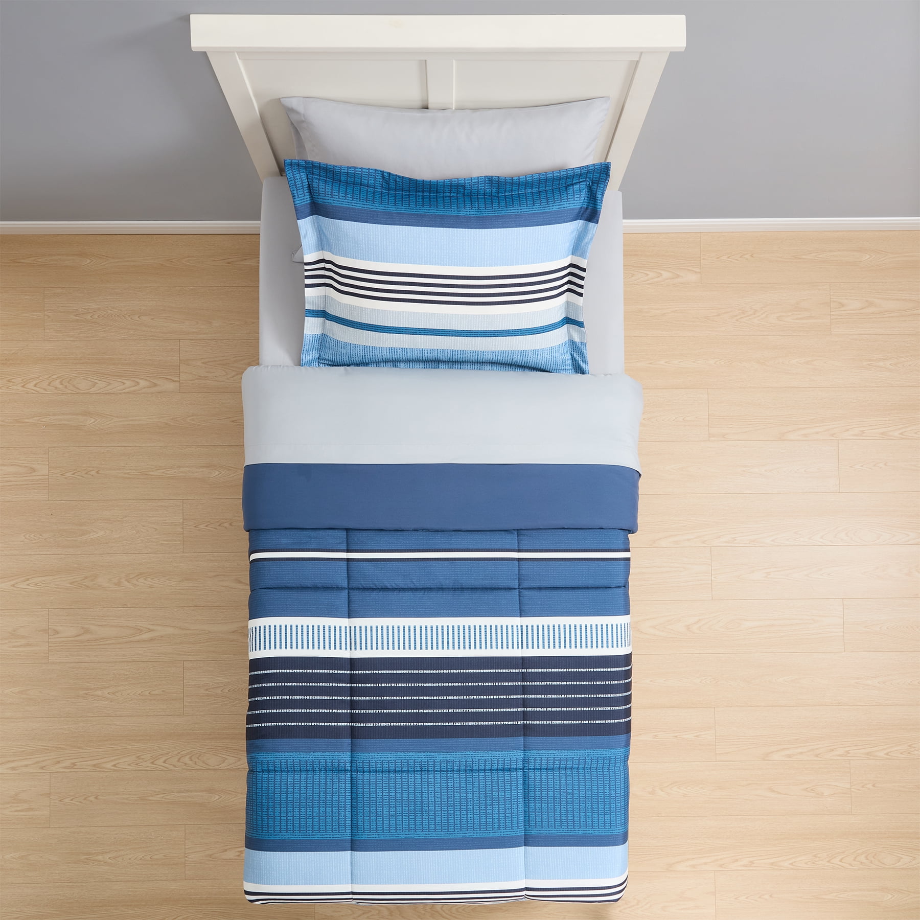 Mainstays All-in-One Reversible Comforter and Sheet Set, 5-Piece, Twin/Twin XL, Blue Stripe