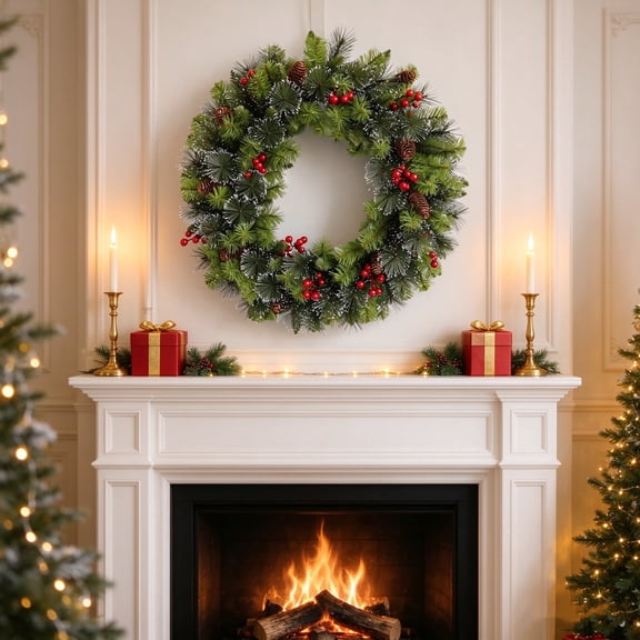 16in Artificial Christmas Wreath, Snow Flocked Pine Wreath with Pine Cones and Red Berries, Winter Snowy Front Door Wreath for Xmas Farmhouse Holiday Decor