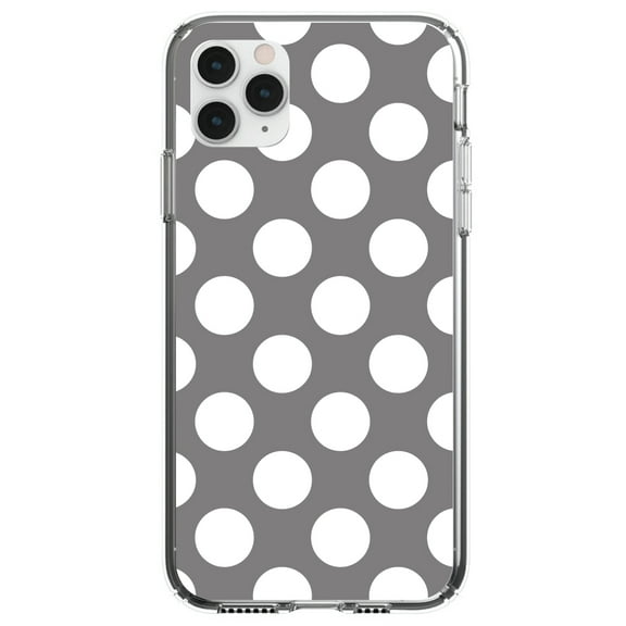 DistinctInk Clear Shockproof Hybrid Case for iPhone 11 Pro MAX (6.5" Screen) - TPU Bumper, Acrylic Back, Tempered Glass Screen Protector - White & Grey Polka Dots