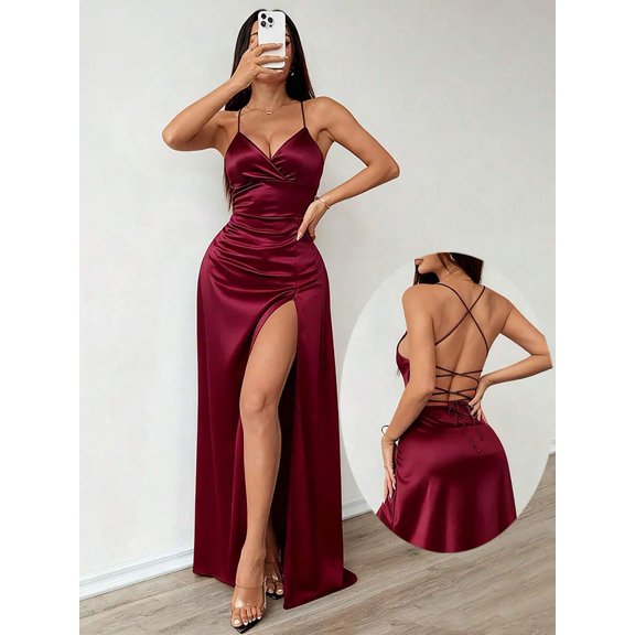 Satin Criss-Cross Backless Dress, Bow Cutout Drawstring Hollow High Slit Lace-Up Adjustable Dress, Elegant Evening Gown For Wedding Bridesmaid Birthday Party Date Vacation All Seasons Wear