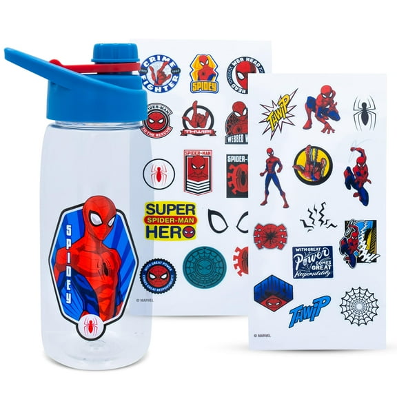 Marvel Comics Spider-Man Hinged Handle Plastic Water Bottle and Sticker Set