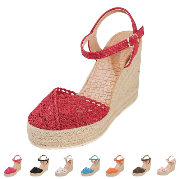 Pandaie Platform Wedge Sandals for Women 2026 Arch Support Summer Beach Slip on Espadrilles Ankle Buckles Hollow out Knit Walking Shoes Black Size 6