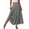 thumbnail image 3 of Women'S High Elastic Waist Midi Skirt Casual Summer Trendy Flowy Ruffle Floral Print A Line Skirts Black Flower L, 3 of 8