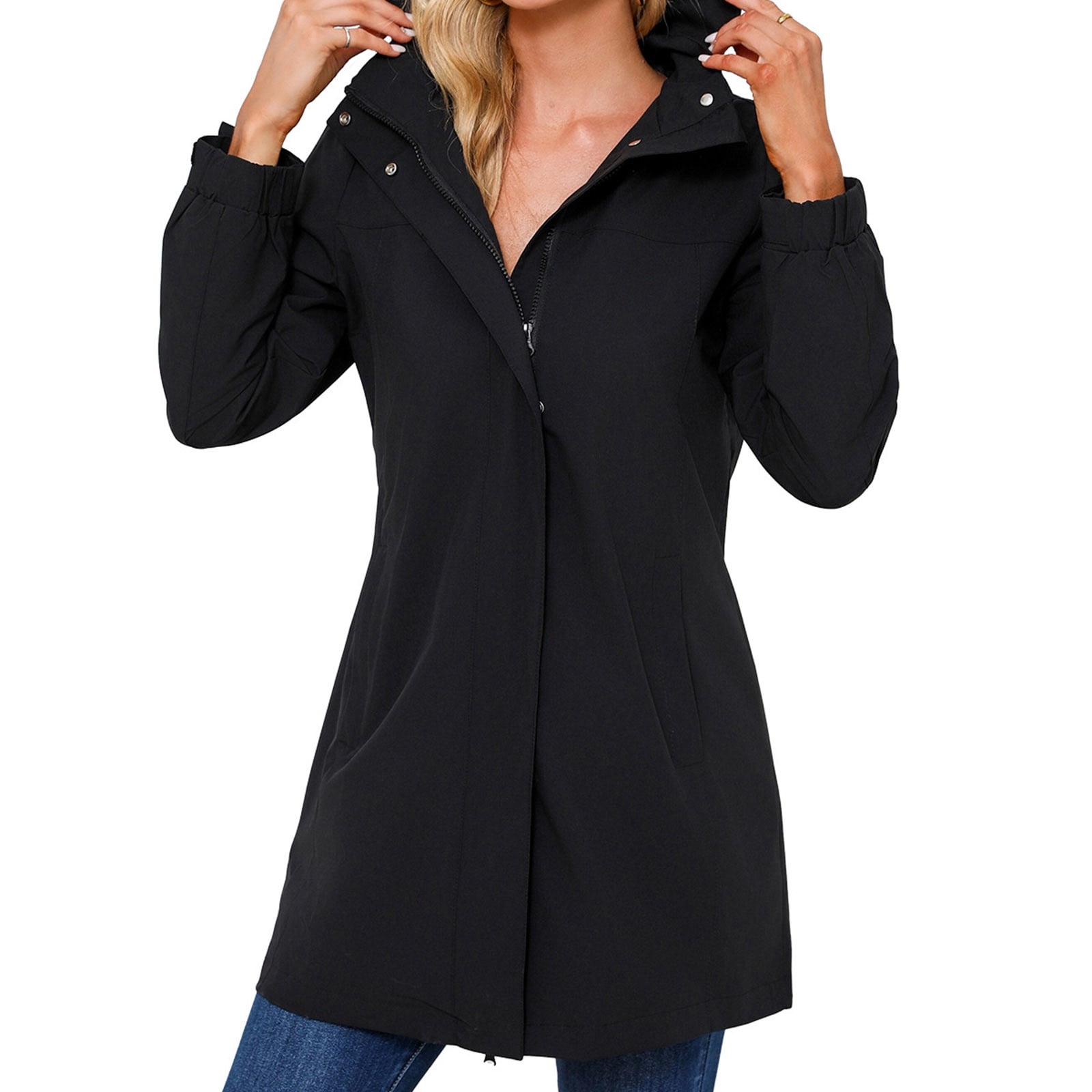 Womens Hooded Jacket Classic Solid Color Waterproof With