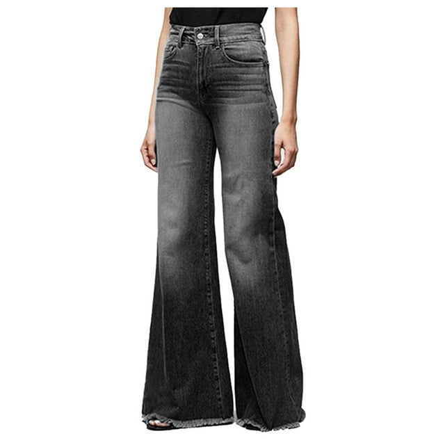Gibobby Mujeres heterosexuales mezclilla de pierna ancha de talle para mujer Pantalones ajustados de longitud (Negro, S)