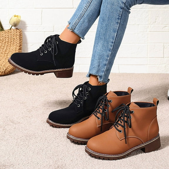 Ankle Boots for Women Fall Winter Versatile Round Toe Chunky Heel Lace-up Thickened Velvet Suede Comfortable Warm Boots