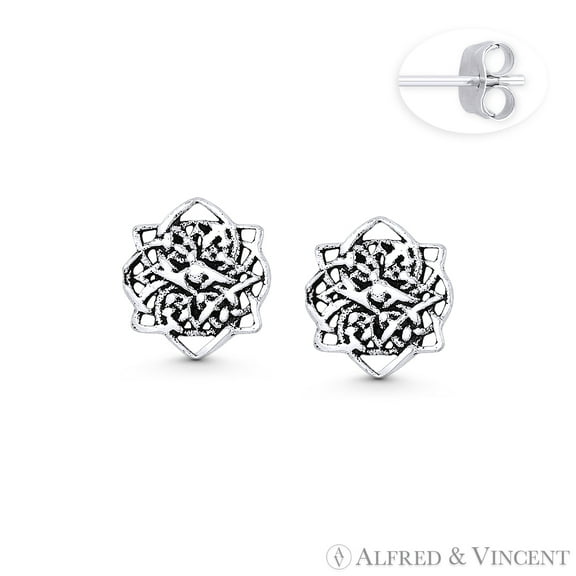 Celtic Flower Irish Charm 10x9mm Stud Earrings in Oxidized .925 Sterling Silver