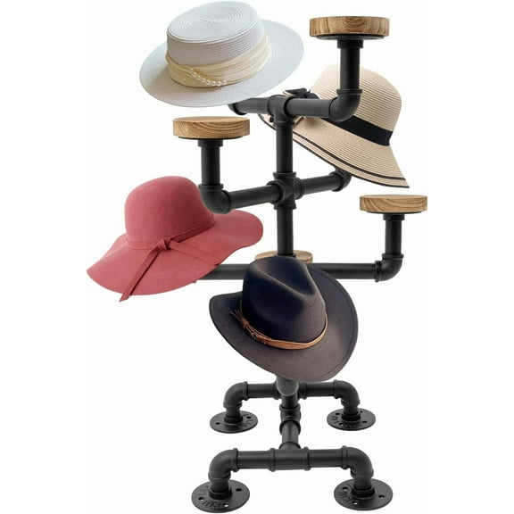 Industrial Black Metal Pipe Hat Stand, Baseball Cap Cowboy Hat Holder Rack, Hat Holder Rack with 8 Round Hangers, Countertop Display Stand for Hats or Wigs