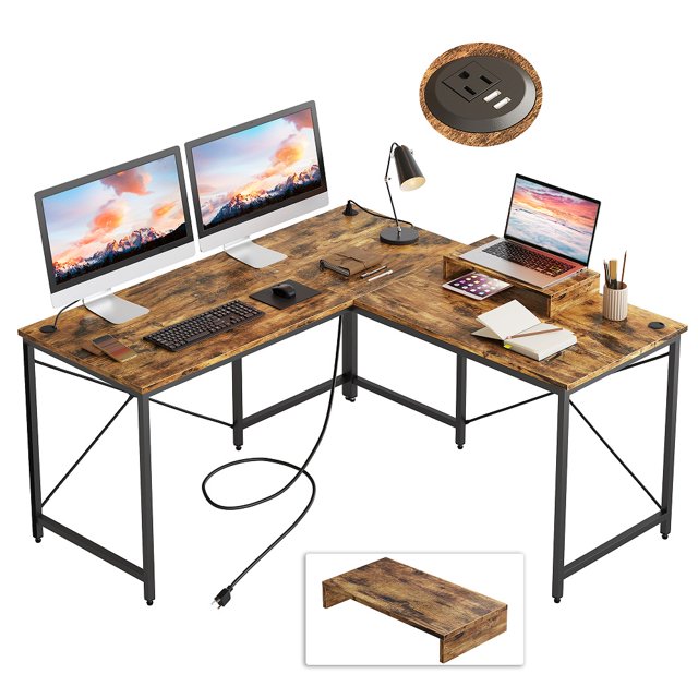 Bestier 95.2 inch L Shaped Desk with Power Outlet & Monitor Stand Rustic