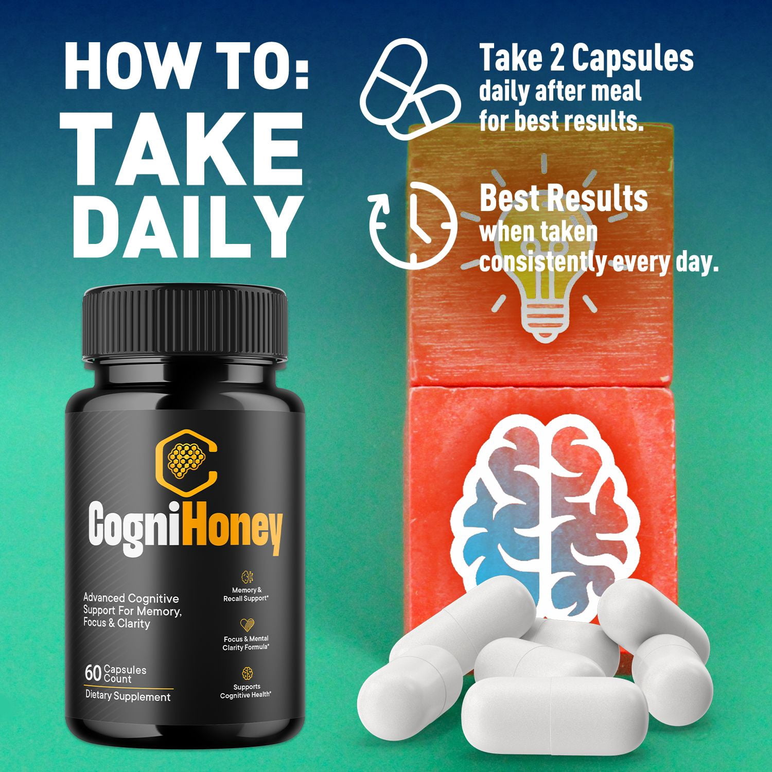 CogniHoney Advanced Formula Brain Support Pills Maximum Strength Supplement Cogni Honey 120 Capsules