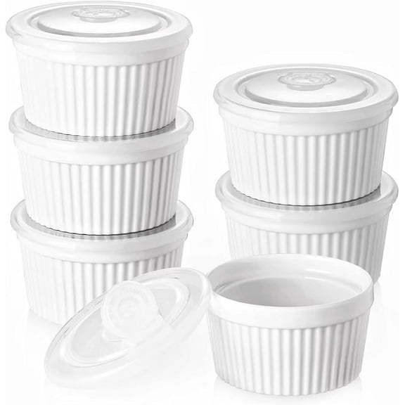 Ramekins 8 oz Oven Safe with Lids, Creme Brulee Ramekins Bowls, Porcelain Ramiken Souffle Dishes, Custard Cups for Baking, Small Bowls for Pudding Dip Sauces Charcuterie Dessert, Soft White, Set of 6