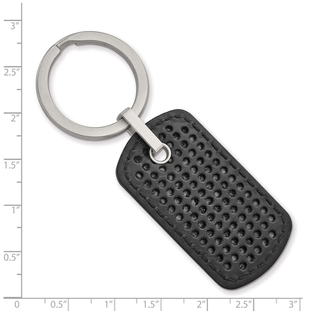 Finest Gold Stainless Steel Brushed Textured Black Leather Stitched Key Ring