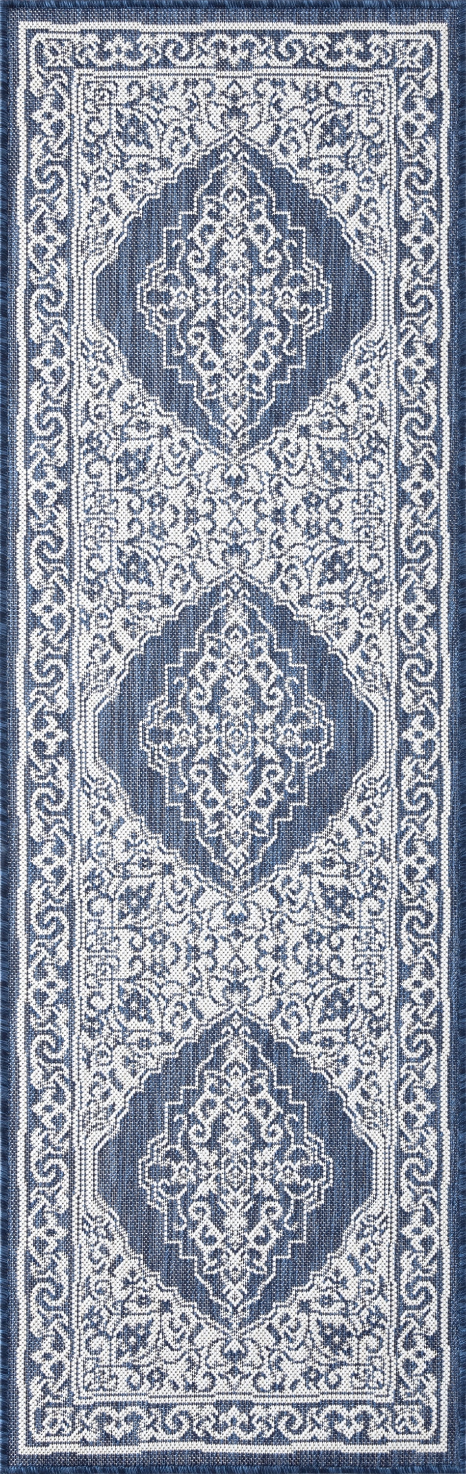 Bliss Rugs Floral Indoor Outdoor Rug Water Resistant Runner Rug for Patio, Hallway, Entryway, Deck, Navy ,3' x 10'