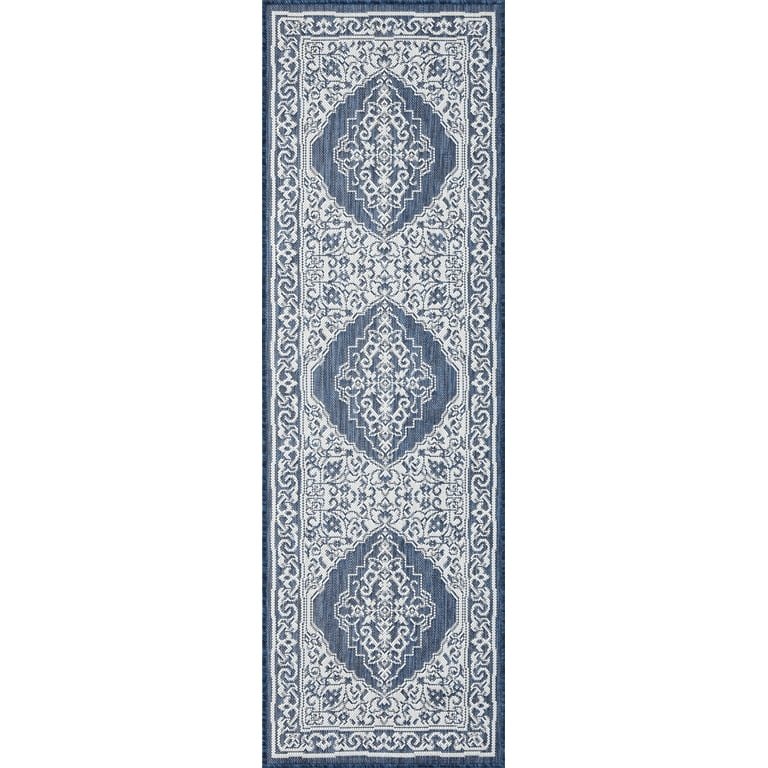 2x8 Water Resistant, Indoor Outdoor Runner Rugs for Patios, Hallway,  Entryway, Deck, Porch, Balcony or Kitchen, Outside Area Rug for Patio, Dark Blue, Floral