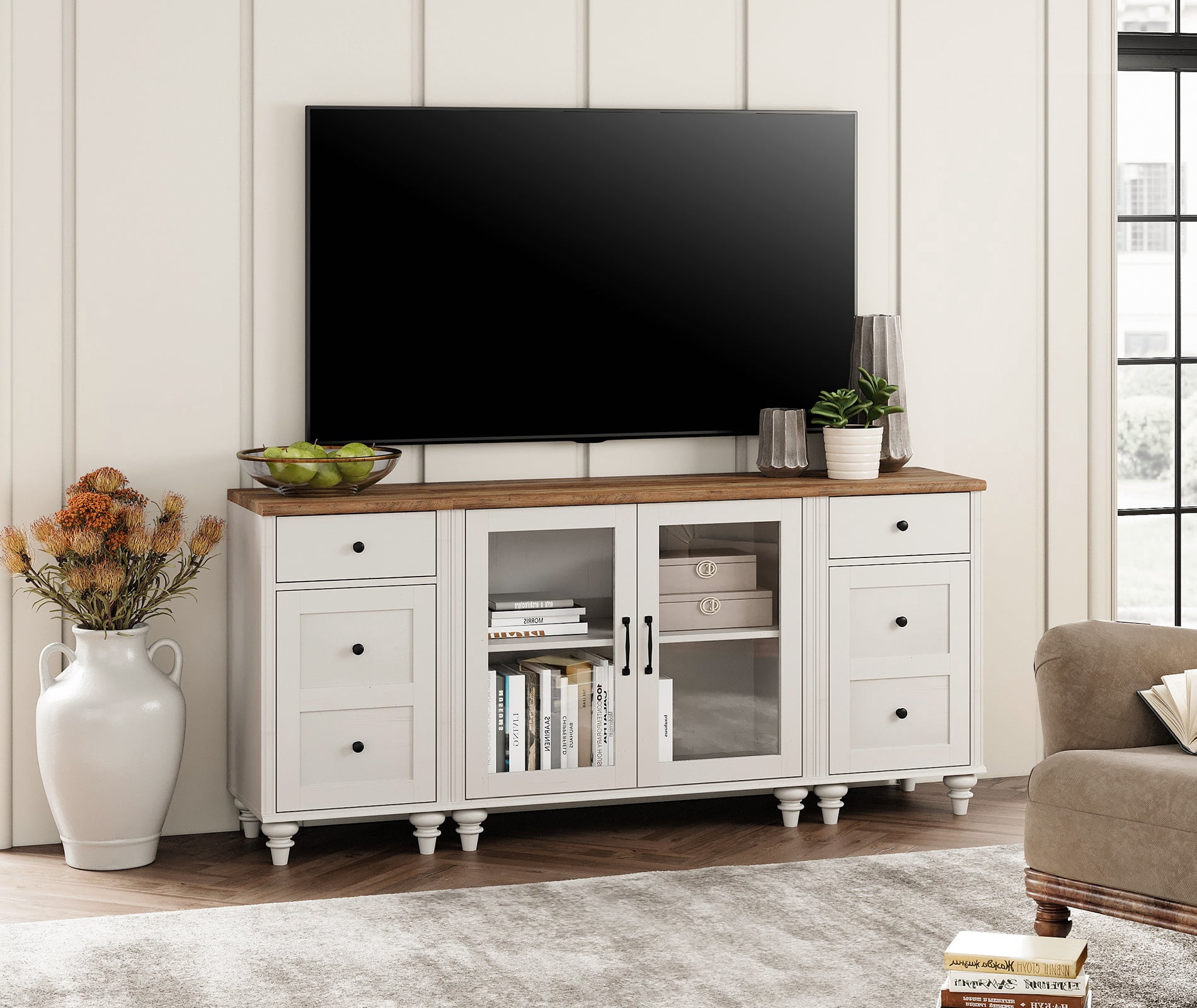 TV Stand for Up to 75 Inch TV, White Wooden Entertainment Center with Charging Station & Glass Door, Buffet Cabinet for Living Room & Dining Room