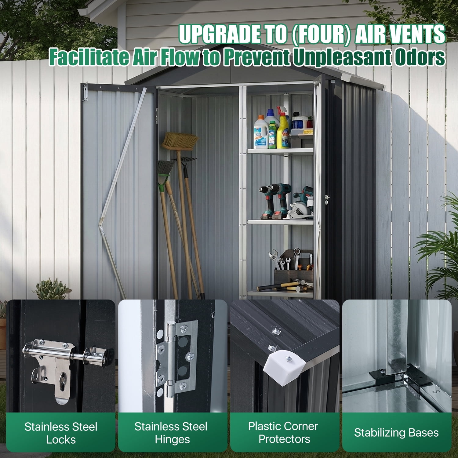 BaPiPro 4x2 ft Outdoor Storage Shed with Floor, Metal Shed with Shelves, Small Tool Shed, Metal Cabinet for Patio Backyard Garden