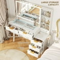 thumbnail image 6 of Garvee Modern White Makeup Vanity Desk with 36" HD Lighted Mirror – Glass Top, 5 Drawers, 3-Tier Shelves, Power Outlet, Ample Storage, Dressing Table Set for Bedroom and Home Office, White, 6 of 9