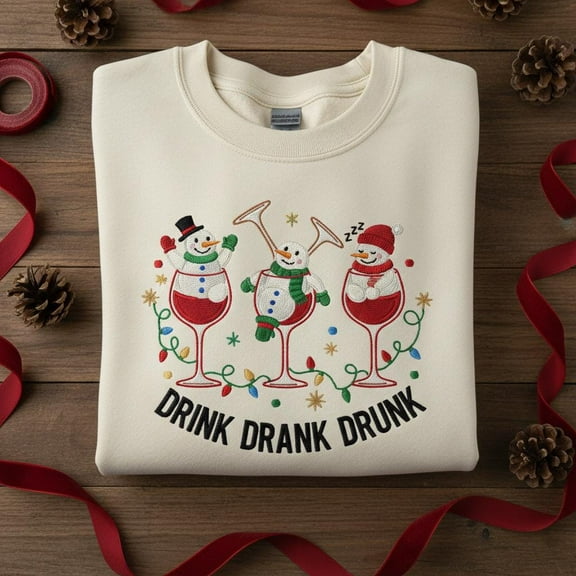 Embroidered Drink Drank Drunk Sweatshirt, Funny Snowman Wine Christmas Jumper, Ugly Sweater Party Crewneck Gift