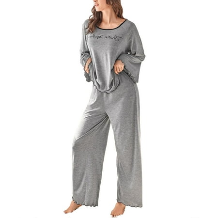 

Casual Letter Round Neck Pant Sets Long Sleeve Grey Womens Pajama Sets (Women s)