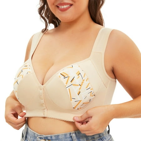 Gvdentm Women s Front Closure Bras Plus Size Printing Gathered Underwire Unlined Back Support Plunge Seamless Bra(Light Yellow 48G)
