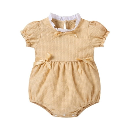 

Newborn Infant Baby Girls Jumpsuit Short Sleeve Plaid Bowknot Preppy Style Romper Clothes Baby Clothes