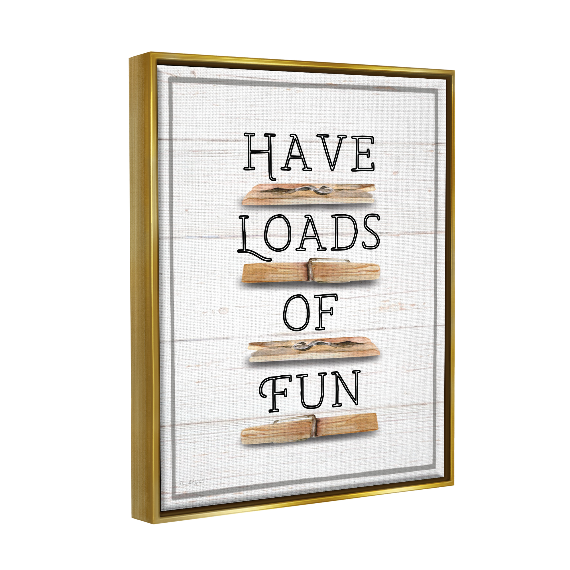 Stupell Industries Loads of Fun Clothespins Typography Painting Gold Floater Framed Canvas Art Print Wall Art, 17 x 21