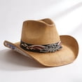 thumbnail image 6 of BiFandian Straw Cowboy Hat for Men and Women, US Flags Western Cowgirl Hat, Stylish Woven Wide Brim Cap with Decorative Bands, Suitable for Outdoor Activities & Casual Wear, Khaki, 6 of 6