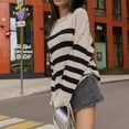 thumbnail image 5 of Duoif Womens Sweaters Women's Striped Round Neck Sweater - Loose Knit Winter Pullover Sweaters for Women Khaki M, 5 of 7