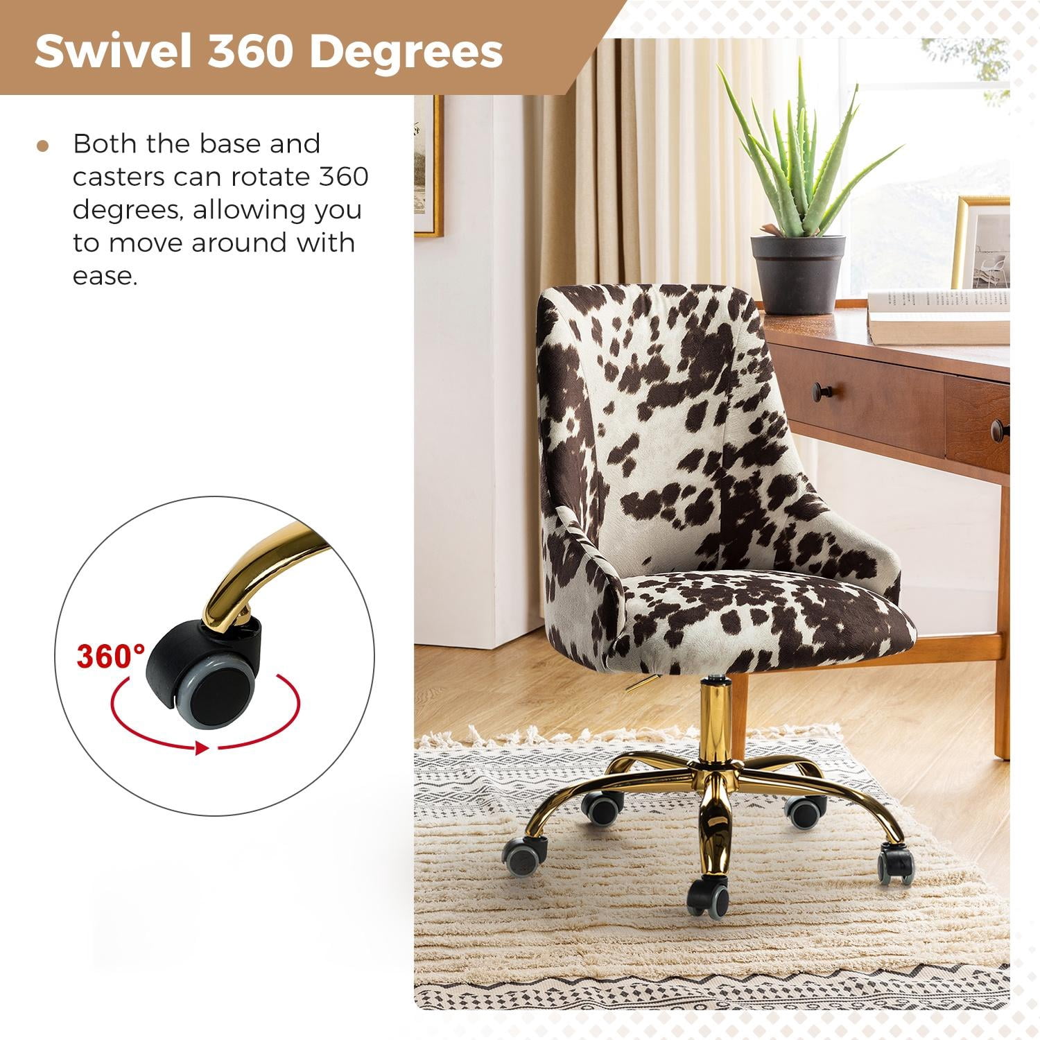 Home Office Computer Desk Chair Upholstered Swivel Adjustable Study Task Chairs Gold Base Cow COWHIDE