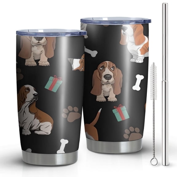20 Oz Basset Hounds with Bones and Presents Coffee Tumbler Double Wall Insulated Stainless Steel Water Bottle | Metal Reusable Thermoses Flask with Cup Cap | Leak & Sweat Proof with Anti-Dust Lid