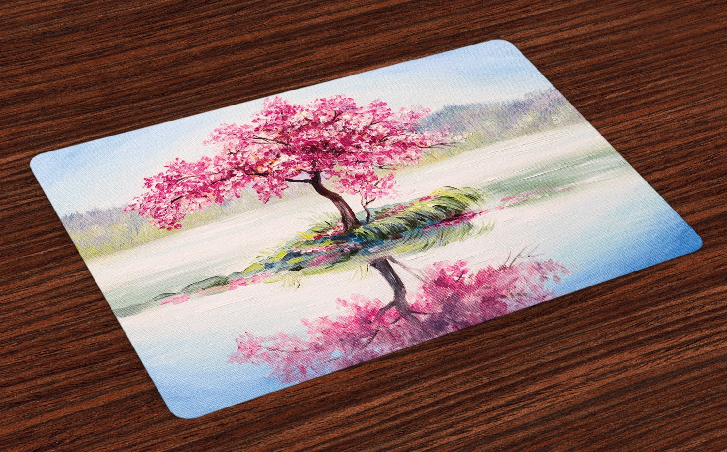 Multicolor Ambesonne Country Place Mats Set of 4 Image Blooming Japanese Cherry Tree Sakura on The Lake Soft Romantic Culture Print Washable Fabric Placemats for Dining Room Kitchen Table Decor