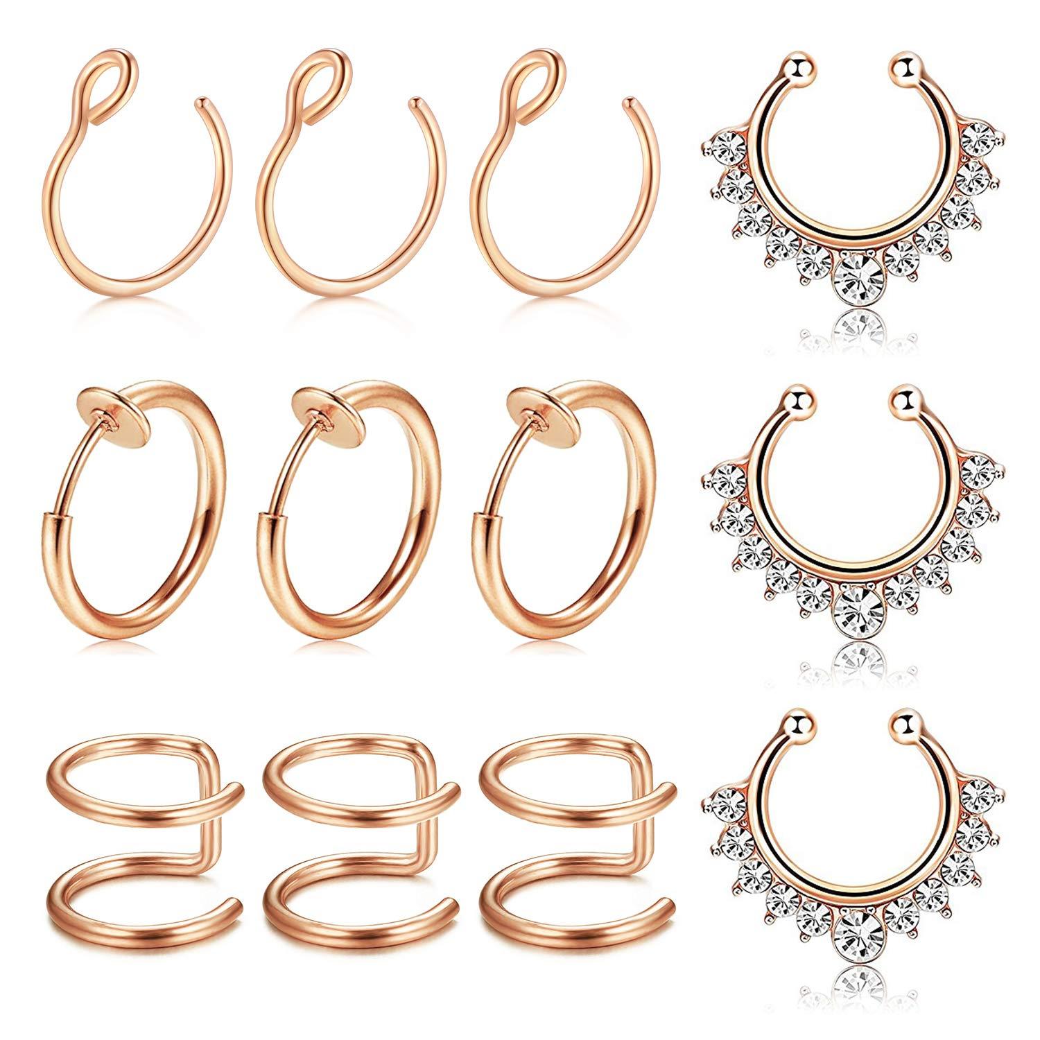 Longita Fake Septum Faux Nose Rings Hoop Face Septum Ring Non Piercing Horseshoe Jewelry Stainless Steel C Shape Moon Clip On Thin Lip Ring Ear Cuff Earrings for Women Men