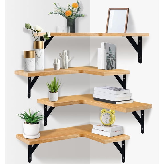 Corner Floating Shelves Set of 4,Corner Wall Shelves,Rustic Wood Wall Mounted Shelf for Home Decor, Living Room, Bedroom, Kitchen, Bathroom,Office(Natural,15.9 x 11.4 inch)