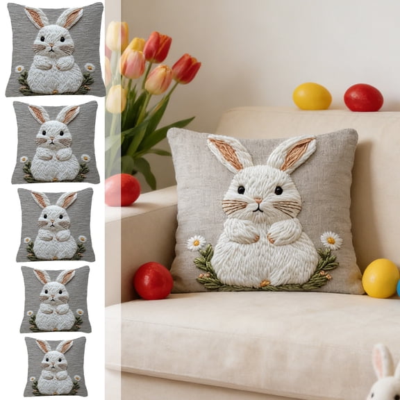 FEOLGEHLY 24x24 inch Easter Pillow Covers, Easter Short Plush Throw Pillow Case with Bunny Eggs Floral Print Spring Home Decorations Pillowcase Square Cushion Covers for Sofa Bed Couch Chair