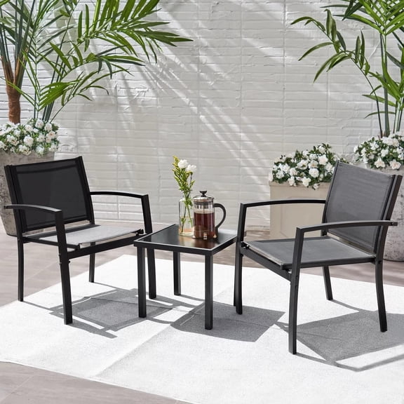 YYEAN Patio Chairs 3 Piece Outdoor Textilene Fabric Bistro Conversation Set with Side Table All Weather Porch Furniture for Balcony, Poolside, Lawn (Black)
