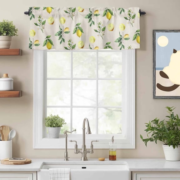 Watercolors Lemons Flower on Linen Valances for Windows,Kitchen Valance Rod Pocket Short Curtain, Vintage Fruits Valance Curtain Window Valances for Bedroom Bathroom Living Room 54x18in