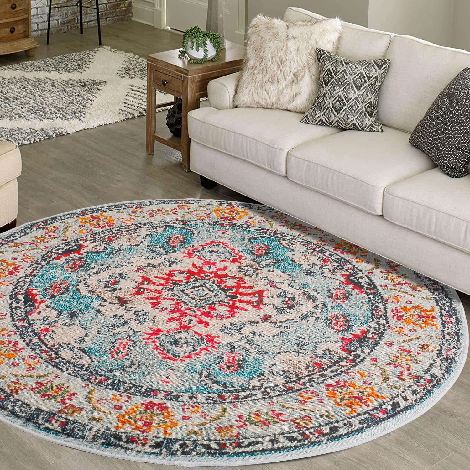 Romanda 4Ft Boho Round Rug AntiSkid Old Vintage Boho Rugs for Living