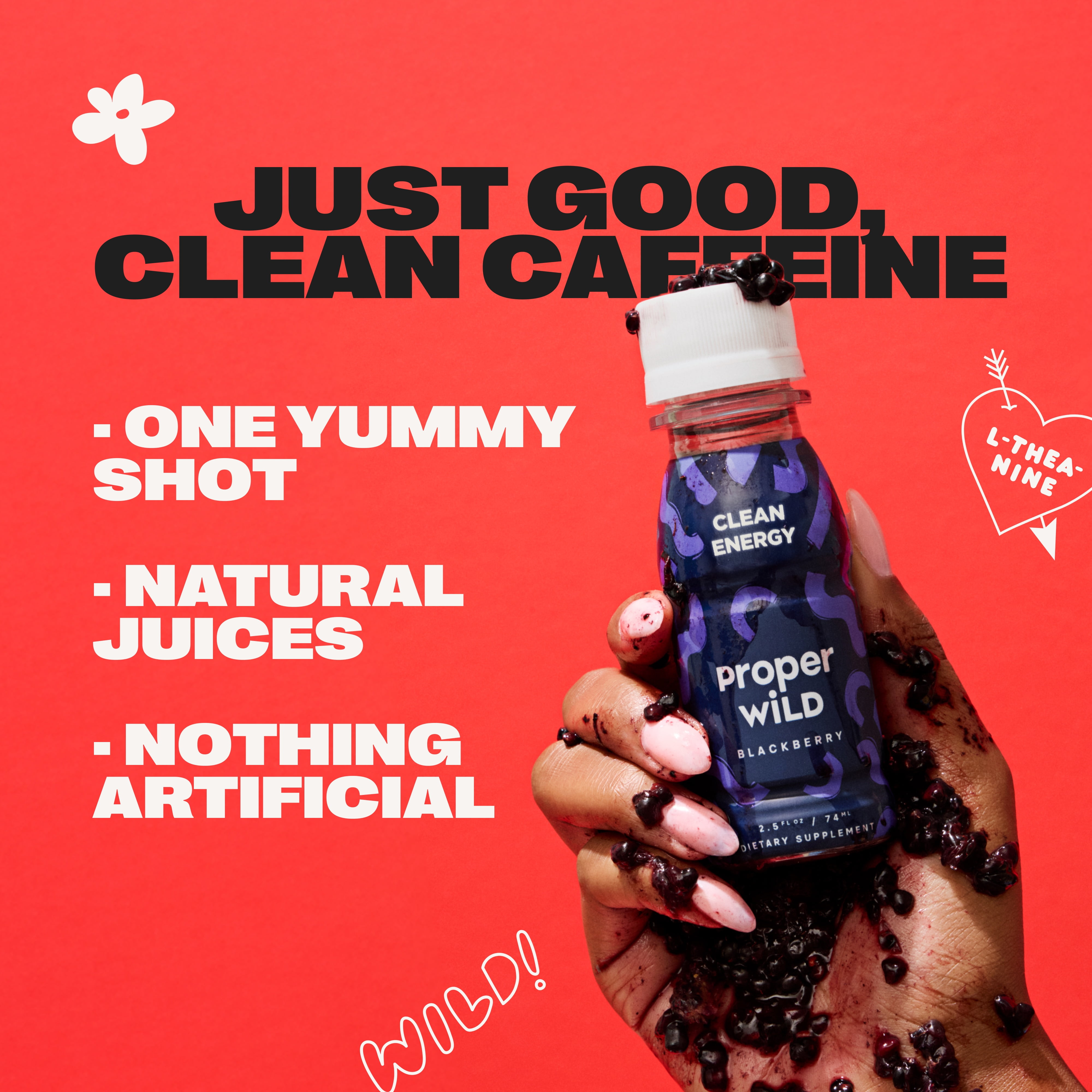 Proper Wild, Natural Clean Energy Shots, Caffeine & L-Theanine, Blackberry, 6-Pack