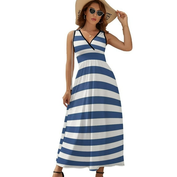 Blue And White Vintage Stripes Womens Night Club Maxi Dress V Neck Sleeveless Bohemia Long Dresses
