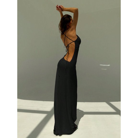 Black Spaghetti Strap Backless Maxi Dress With Tie-Up Detail, Elegant Evening Party Gown