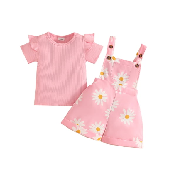 Bobifish Toddler Girls Outfit Sets Ribbed Knit Short Sleeve T Shirt And Flower Print Suspenders Shorts Summer Kids Girls Sets