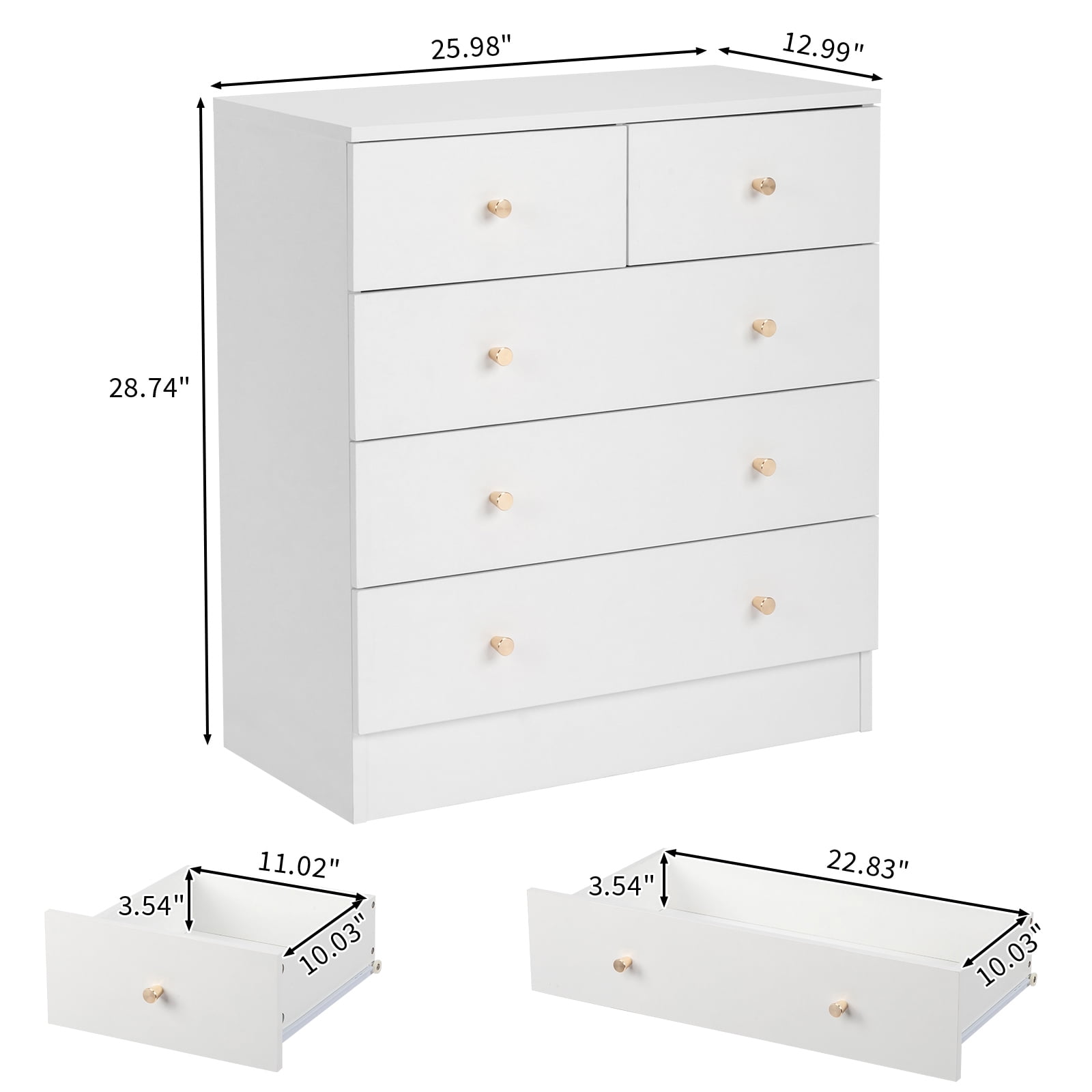 GVN Bedroom Dresser with 5 Drawers, Chest of Drawers, Modern Simple 5-Drawer Dresser for Bedroom, Living Room, White