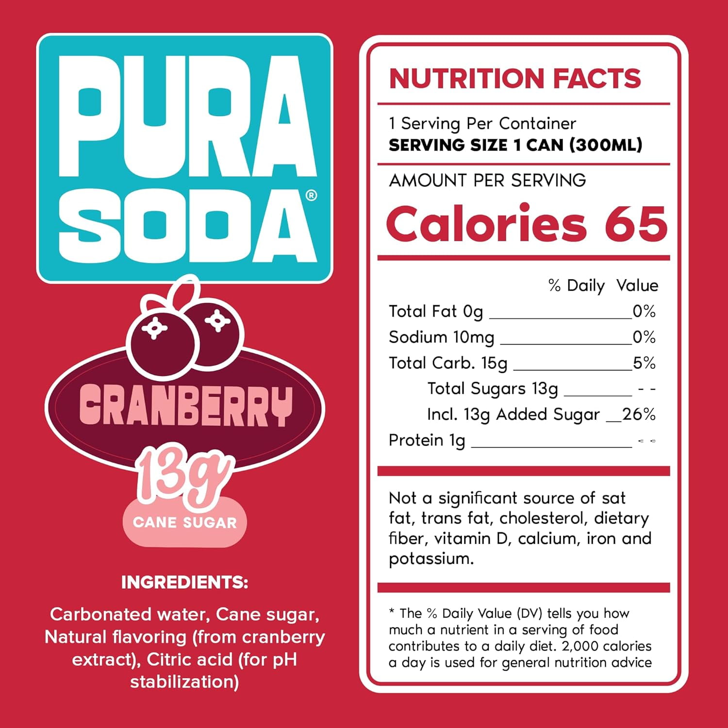 PuraSoda® Cranberry | Low-Calorie, Cane Sugar Soda Beverage | Non-GMO, Vegan | Made with Pure Cane Sugar, No Preservatives | 10.1 fl oz (300ml) Cans, 24-Pack