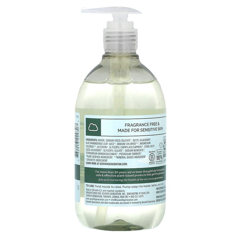 Seventh Generation, Hand Wash, Free & Clean, Fragrance Free, 12 fl oz Pack of 4