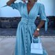 thumbnail image 5 of Vestido de Mezclilla con Cuello en V y Botones para Mujer, Cintura Media, Corta y Abertura Azul XL, 5 of 8